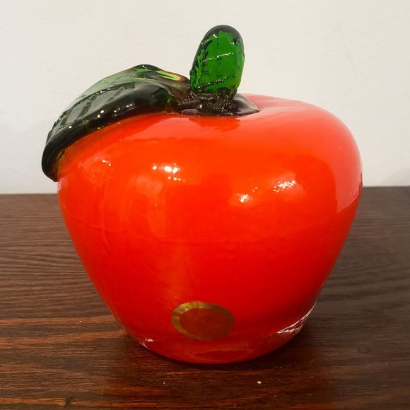 Murano Apple Paperweight Hand Blown Art Glass Bubble Fruit Bright Red Vintage - Picture 1 of 9